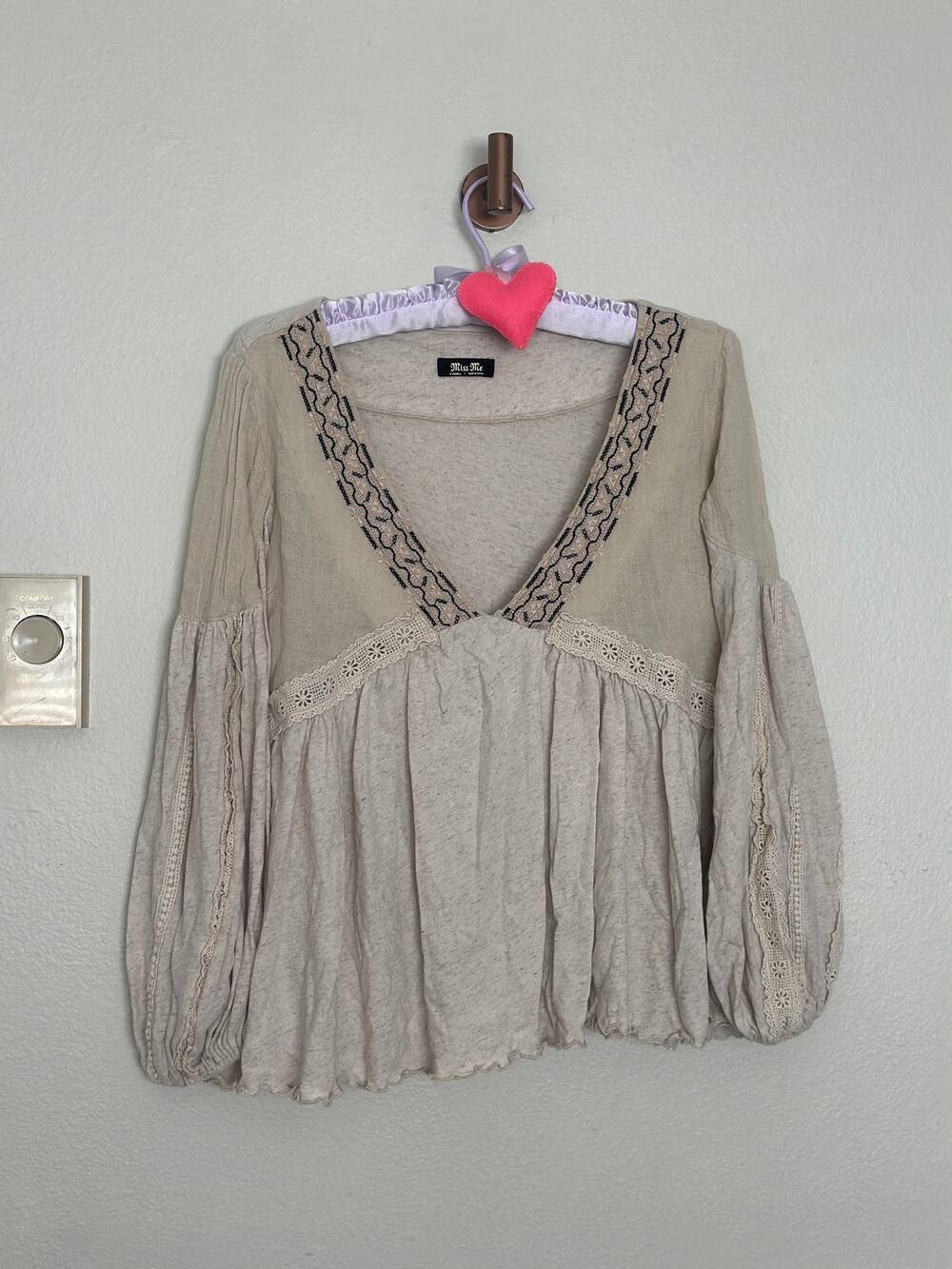 Miss Me Linen Babydoll Lace Embroidered V-Neck Top Flowy Coastal Cowgirl